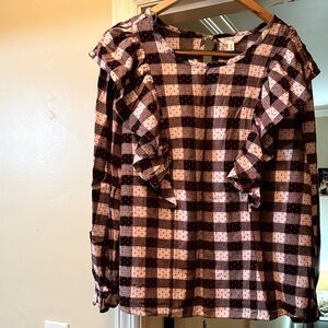 Plaid Ruffle Long Sleeve Blouse